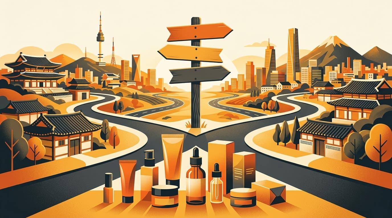 Three diverging paths representing three Korea market entry options for a skincare brand