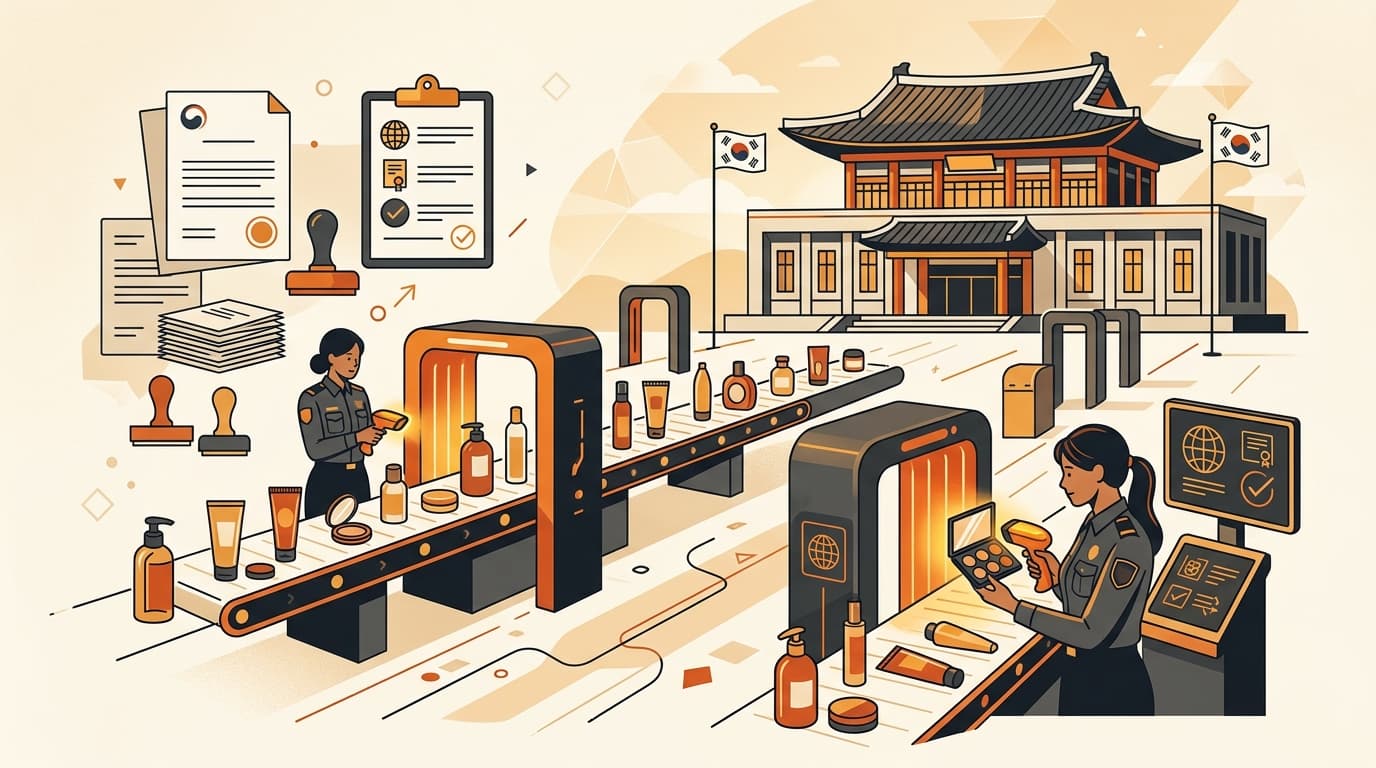 Cosmetic products passing through a Korean customs and compliance checkpoint