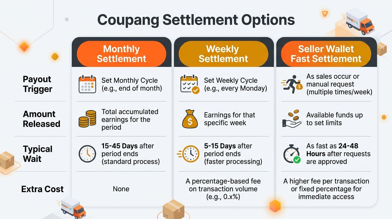 Coupangの月次・週次・セラーウォレット ファスト精算の3つのオプションの比較