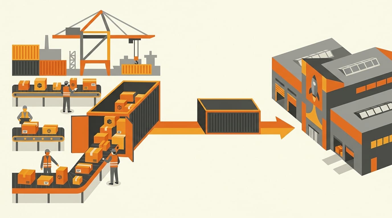中国の港で複数のセラーの貨物が1本のコンテナに混載され、韓国のフルフィルメントセンターへ向かう様子。