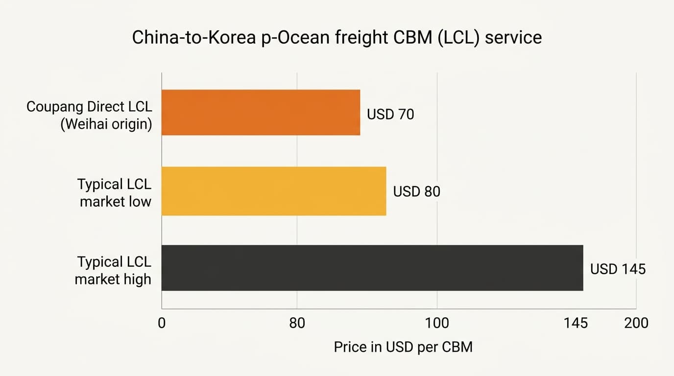 Bar chart comparing Coupang Direct LCL per-CBM rate against the typical China-Korea LCL market range.