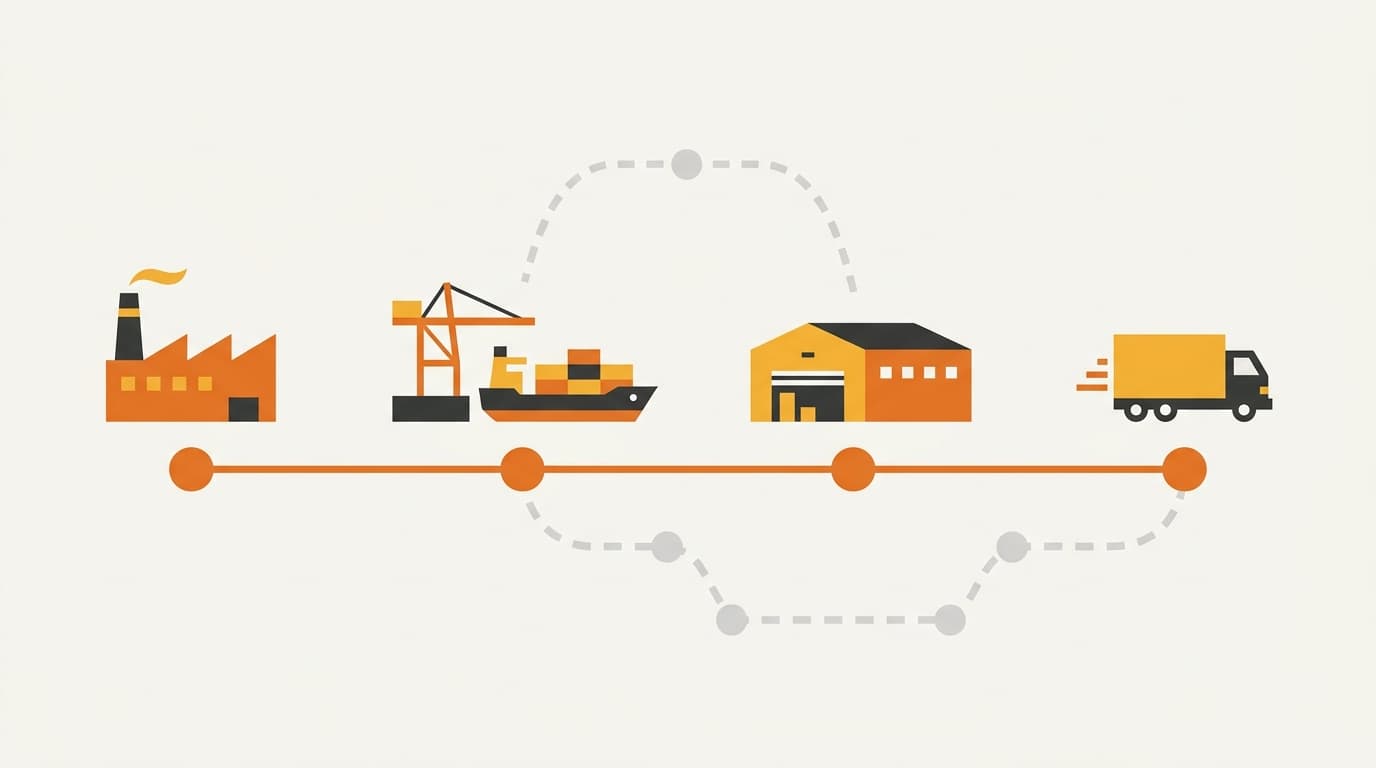 中国の工場から港、韓国のフルフィルメントセンター、配送トラックまで、ひと続きのオレンジのラインで描かれたサプライチェーン図。