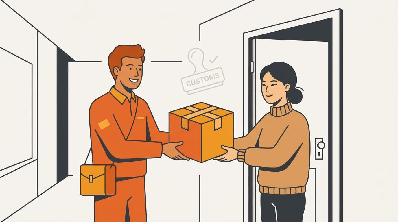 Courier handing a duty-paid parcel to a Korean consumer at an apartment door