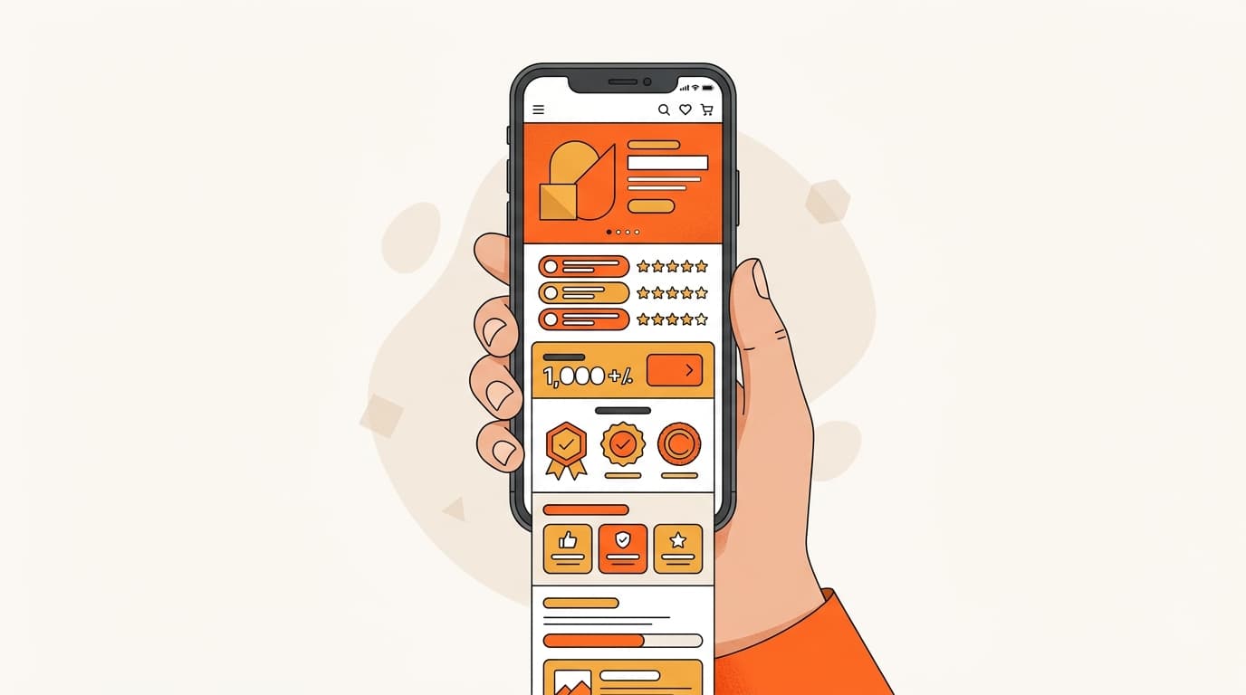 Abstract Korean Product Detail Page on a phone showing trust badges and review blocks
