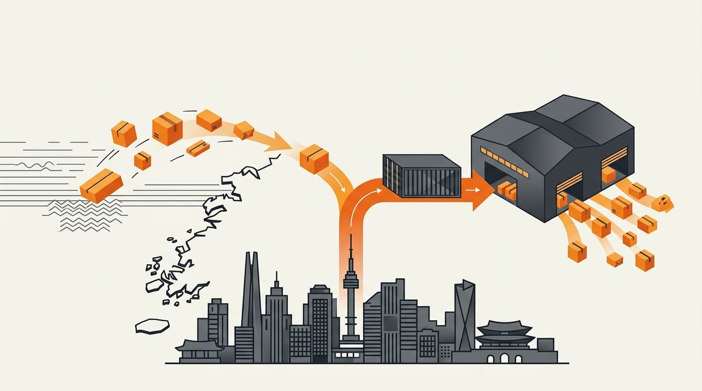 Decision fork between cross-border parcels and a local Korean fulfillment warehouse
