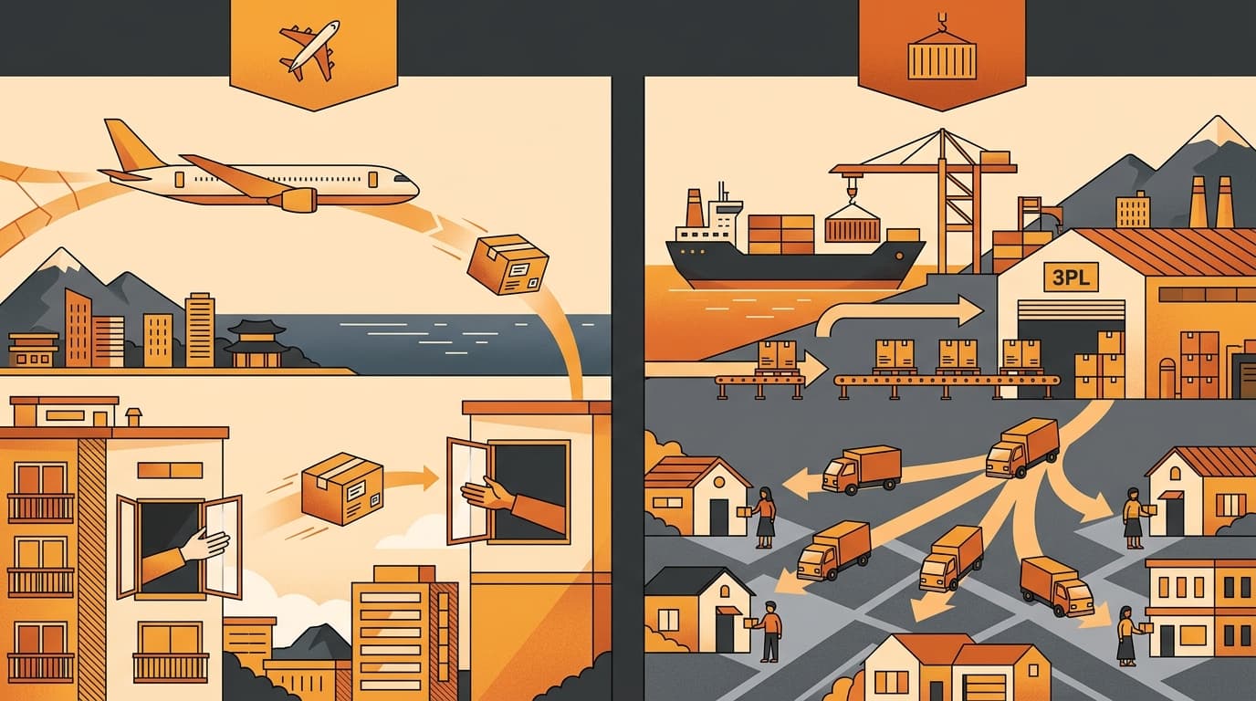 Side-by-side illustration of cross-border parcel shipping vs local Coupang fulfillment via Rocket Growth