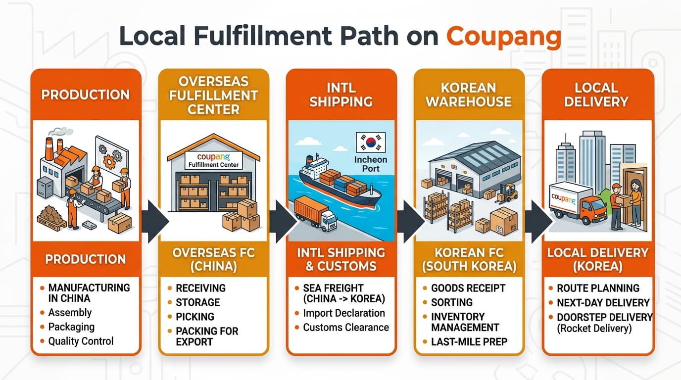 Process flow diagram of the local fulfillment path: DDP shipment, customs clearance, 3PL intake, Coupang sales, settlement and remittance