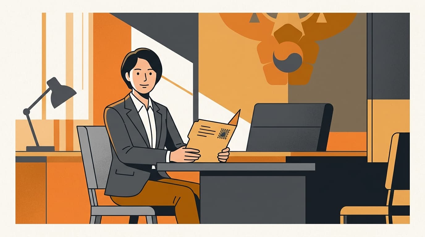 A local representative seated at a Korean police station desk holding a documentation folder