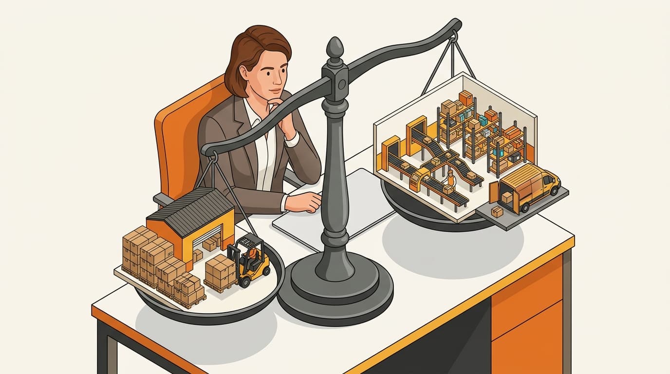 Illustration of a founder weighing classical warehouse 3PL against Coupang Rocket Growth fulfillment
