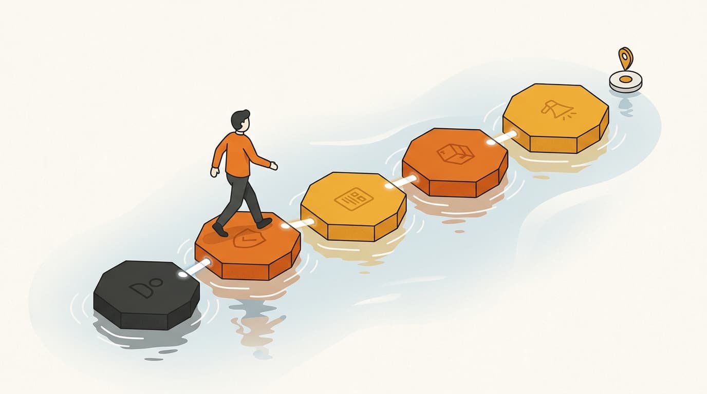 Illustration of a launch sequence shown as stepping stones across water from entity to marketing