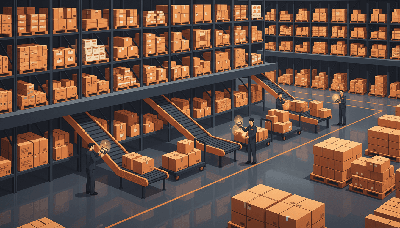 Workers moving neatly packed consumer goods through a modern fulfillment center with rolling racks and barcode scanners