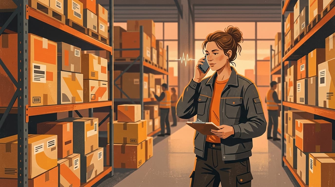 黄昏时分,一名运营人员在仓库通道里打电话