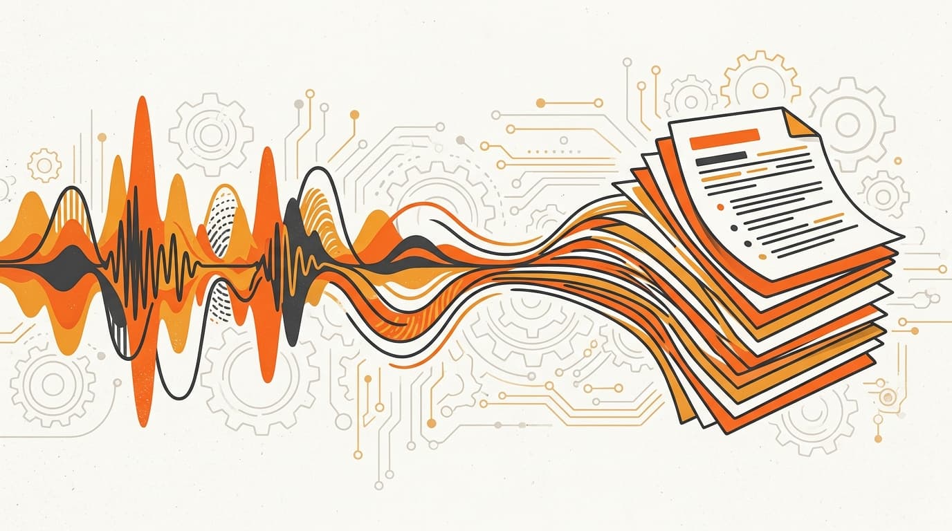风格化的语音波形正在转化为一叠结构化的文档页面