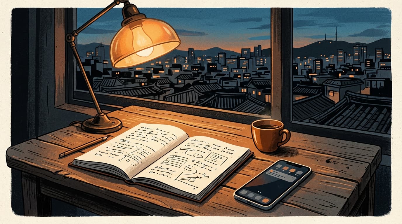 温暖的傍晚光线下,桌上摊开的笔记本和一部手机