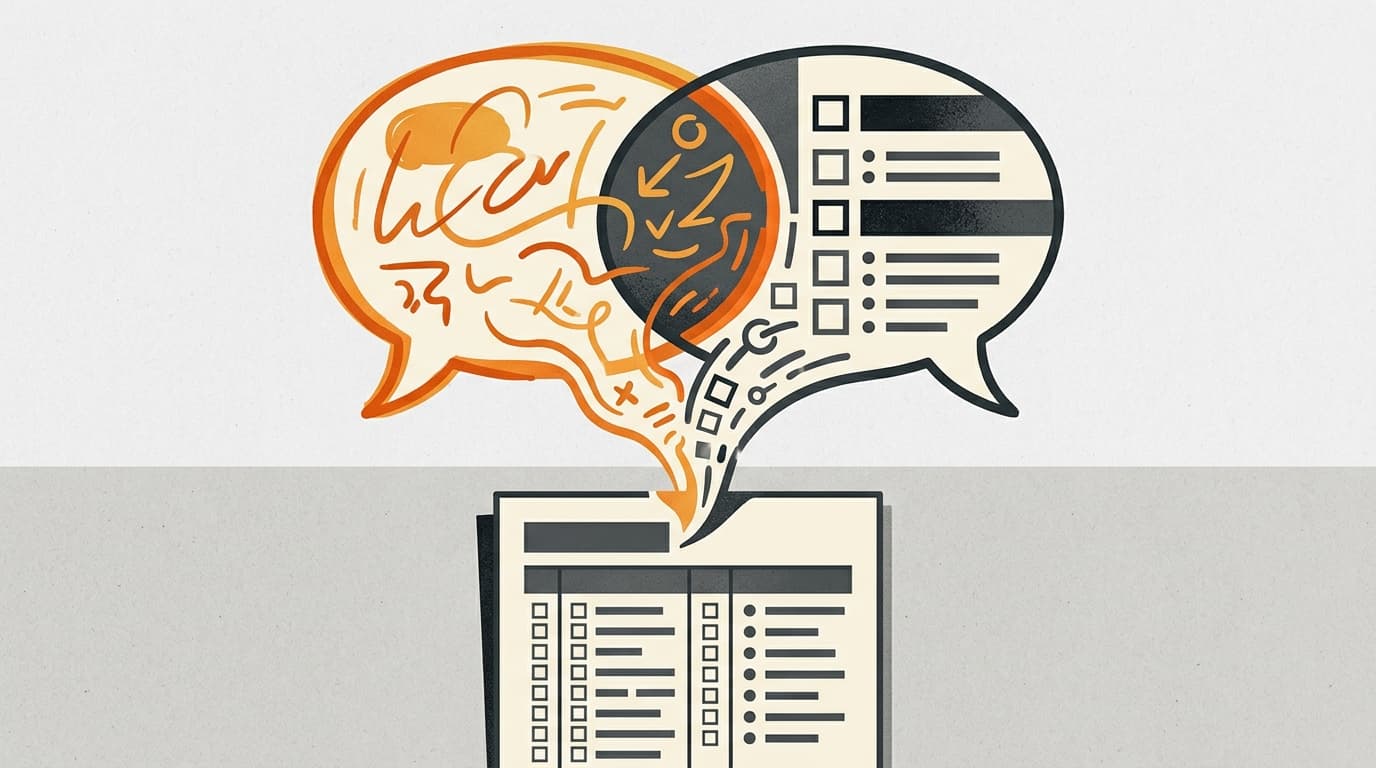 2つの会話の吹き出しが1つの構造化された文書に統合されていく図