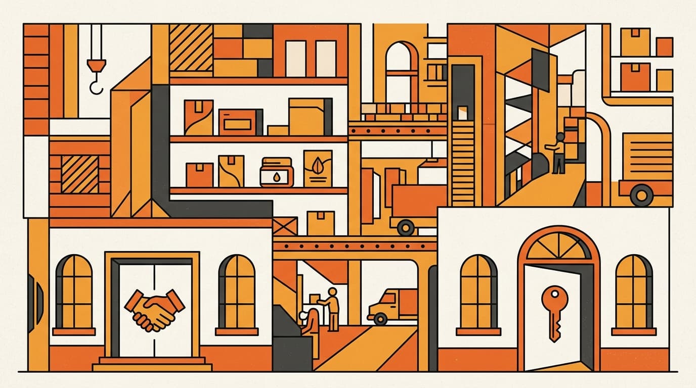 A stylized cross-section of a Coupang storefront with two doors — one symbolizing a partner-operated account, one symbolizing the brand's own ownership