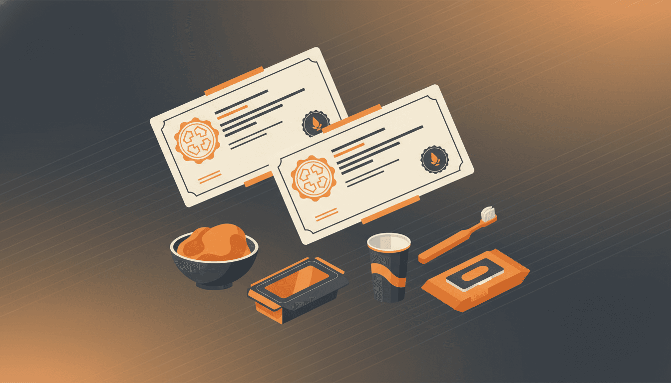 Two parallel license certificates above icons representing food products and hygiene products