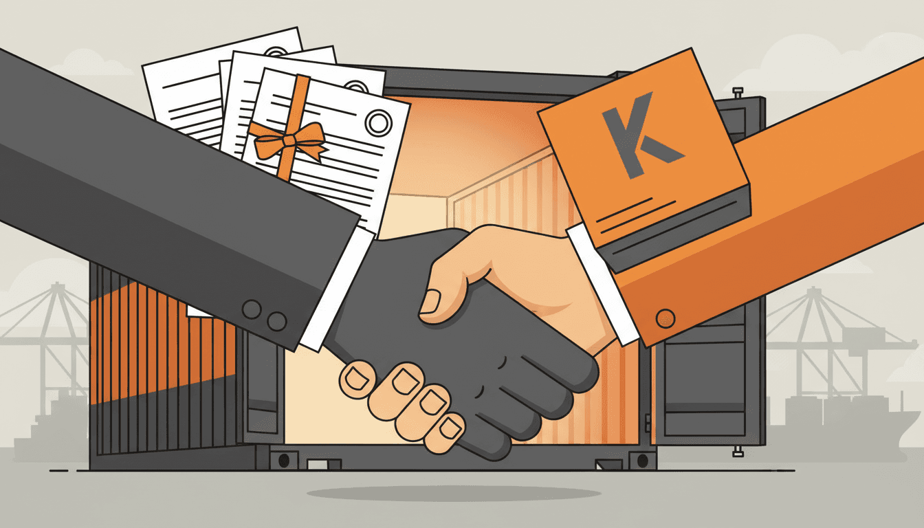 A handshake where one side holds license documents and the other holds a branded product, with a shipping container behind them