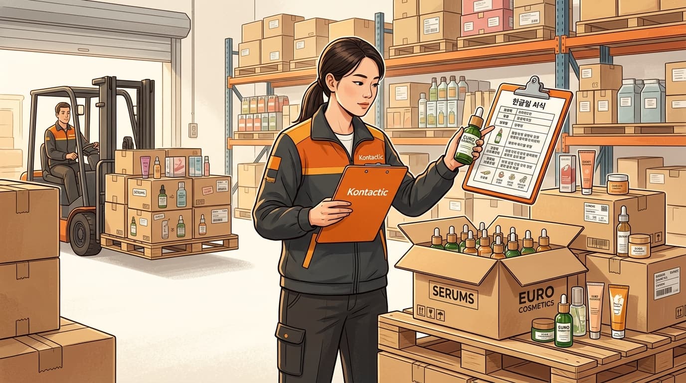 韓国3PL倉庫の荷捌き場で、韓国語ラベル要件に基づき検品される欧州化粧品の入荷貨物