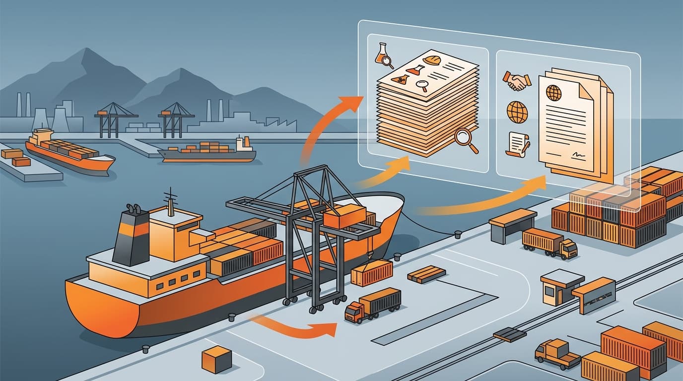 Illustration of a shipment arriving in Korea with product paperwork and corporate paperwork shown as two separate stacks