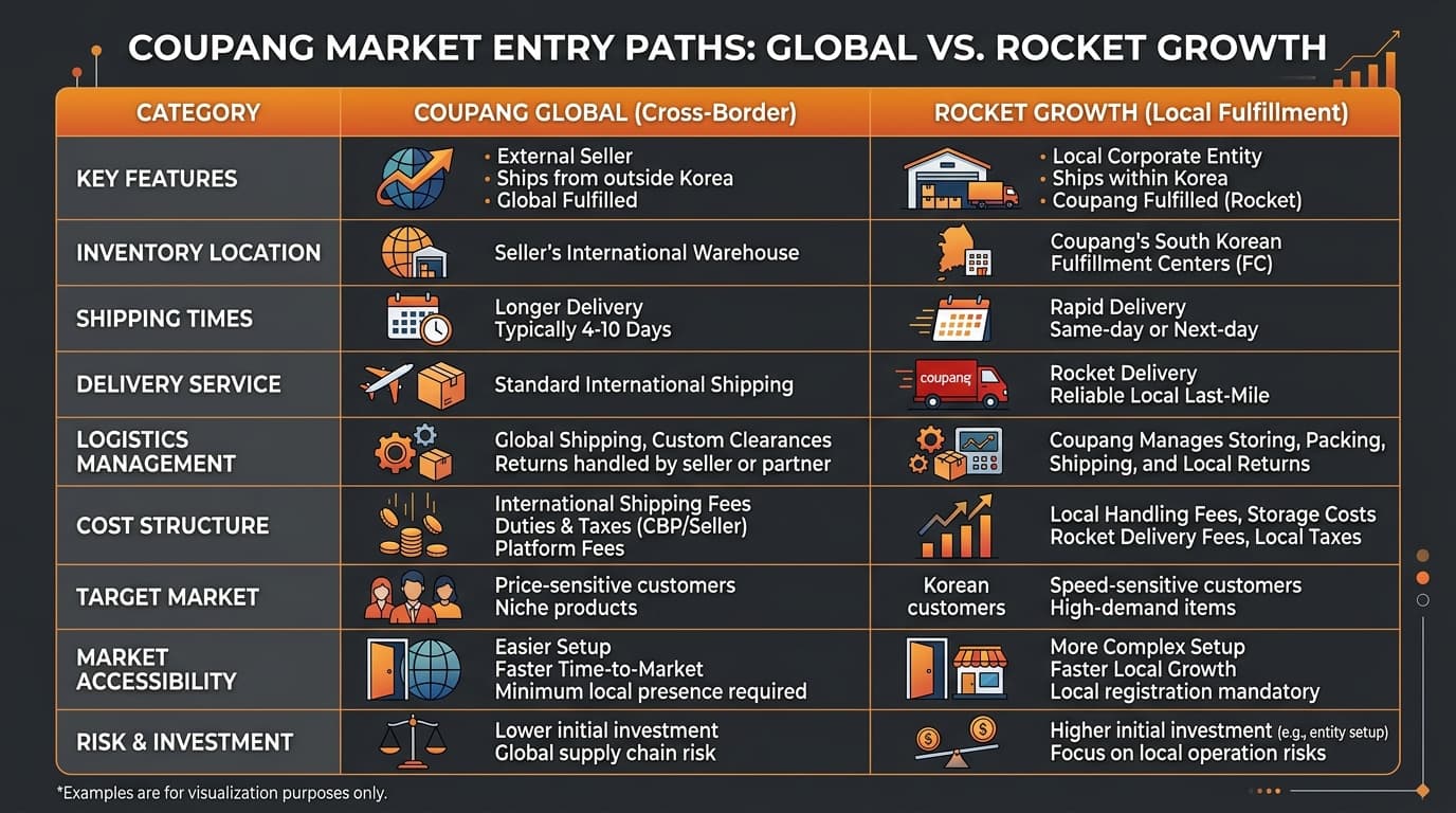 Comparison table of Coupang Global versus Rocket Growth across seller entity, IoR, KC, fulfillment, and delivery