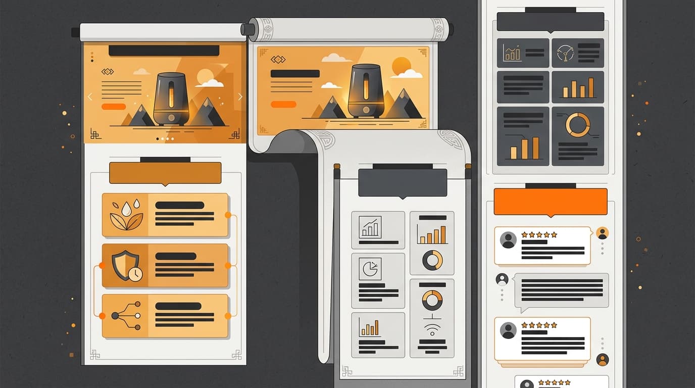 Illustration of a tall vertical Korean product detail page unrolling through hero, benefits, specs and reviews sections
