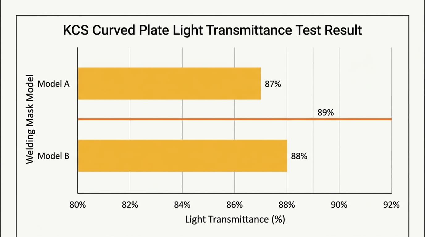 Bar chart showing the welding mask curved plate transmittance at 87 to 88 percent against the 89 percent KCS threshold