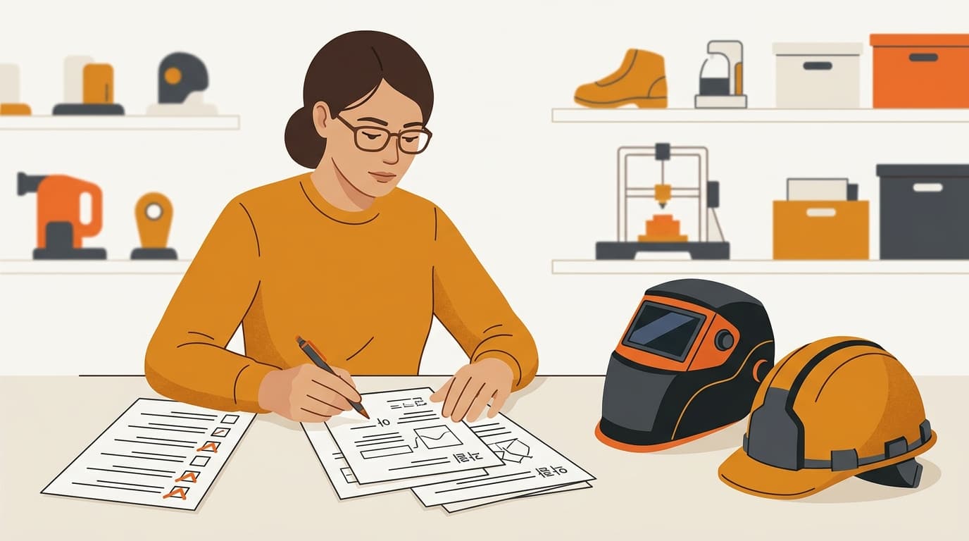 Designer reviewing Korean compliance criteria against safety products before testing