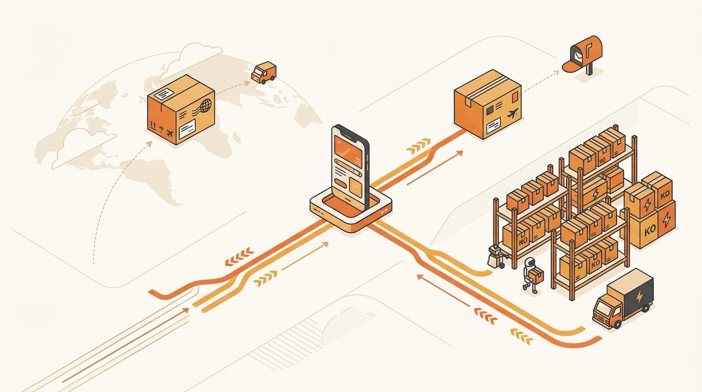 Two parallel fulfillment paths from a foreign electronics brand into Korea: cross-border parcel and local warehouse.