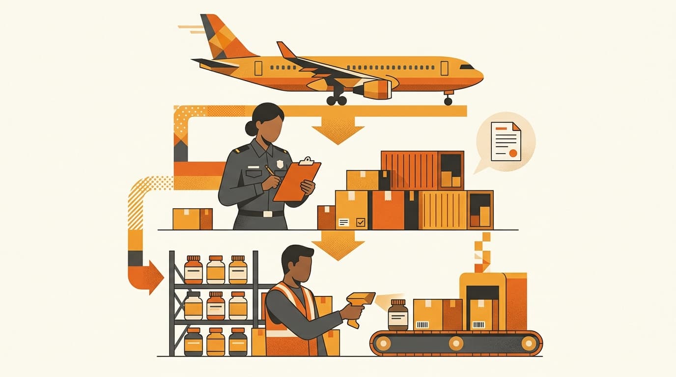 Layered diagram of a Korean supplement logistics flow with customs, MFDS document, and warehouse worker.