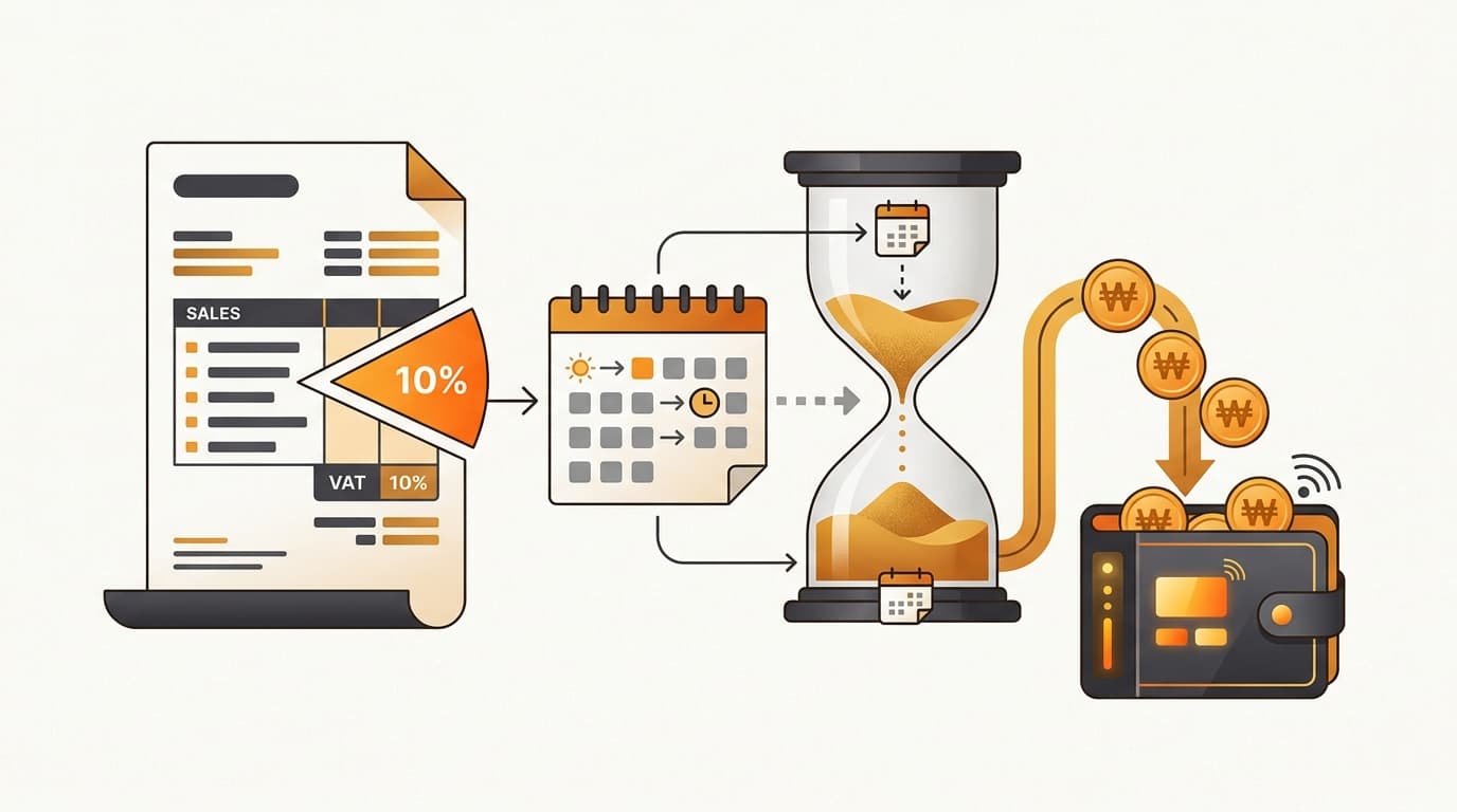 Editorial illustration of VAT flowing through an invoice, calendar, and digital wallet showing settlement timing.