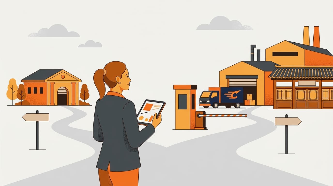 Editorial illustration of a foreign founder at a decision crossroads between a small warehouse and a larger orchestrated hub.