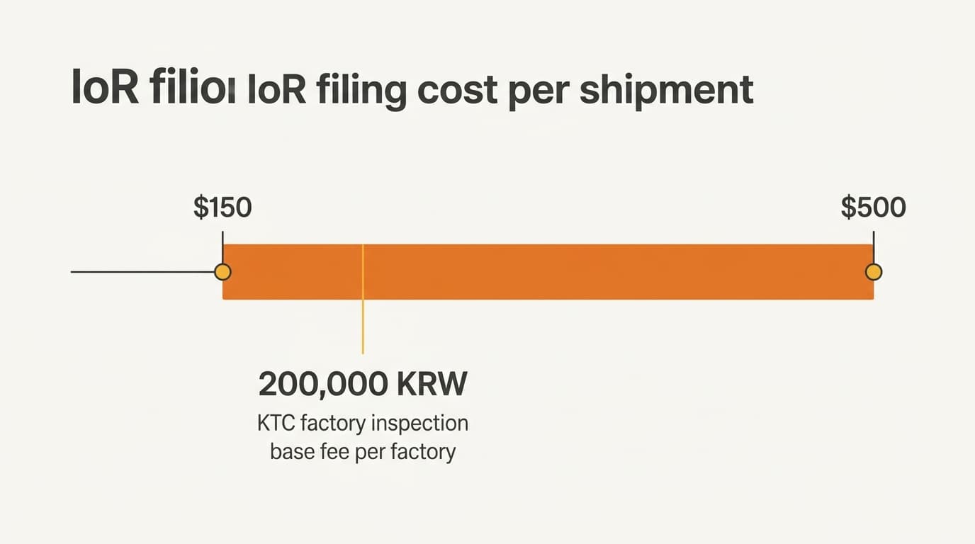 出荷あたり150ドルから500ドルのIoR申告費用と、20万ウォンのKTC基本検査料金を並べたレンジチャート