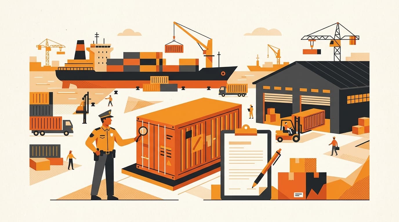 Illustration of a Korean port customs checkpoint with a shipping container being inspected