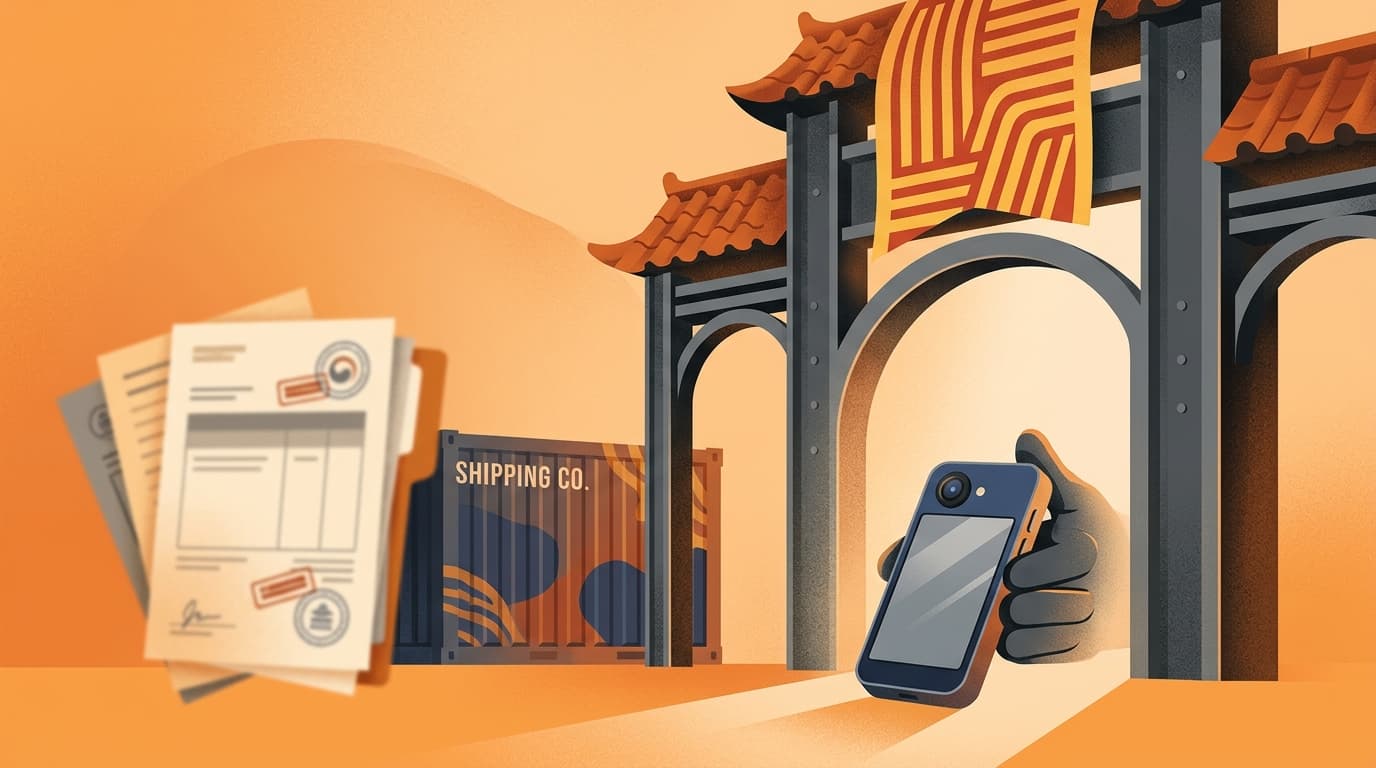 韓国の税関ゲートを通過する家電製品のイラスト