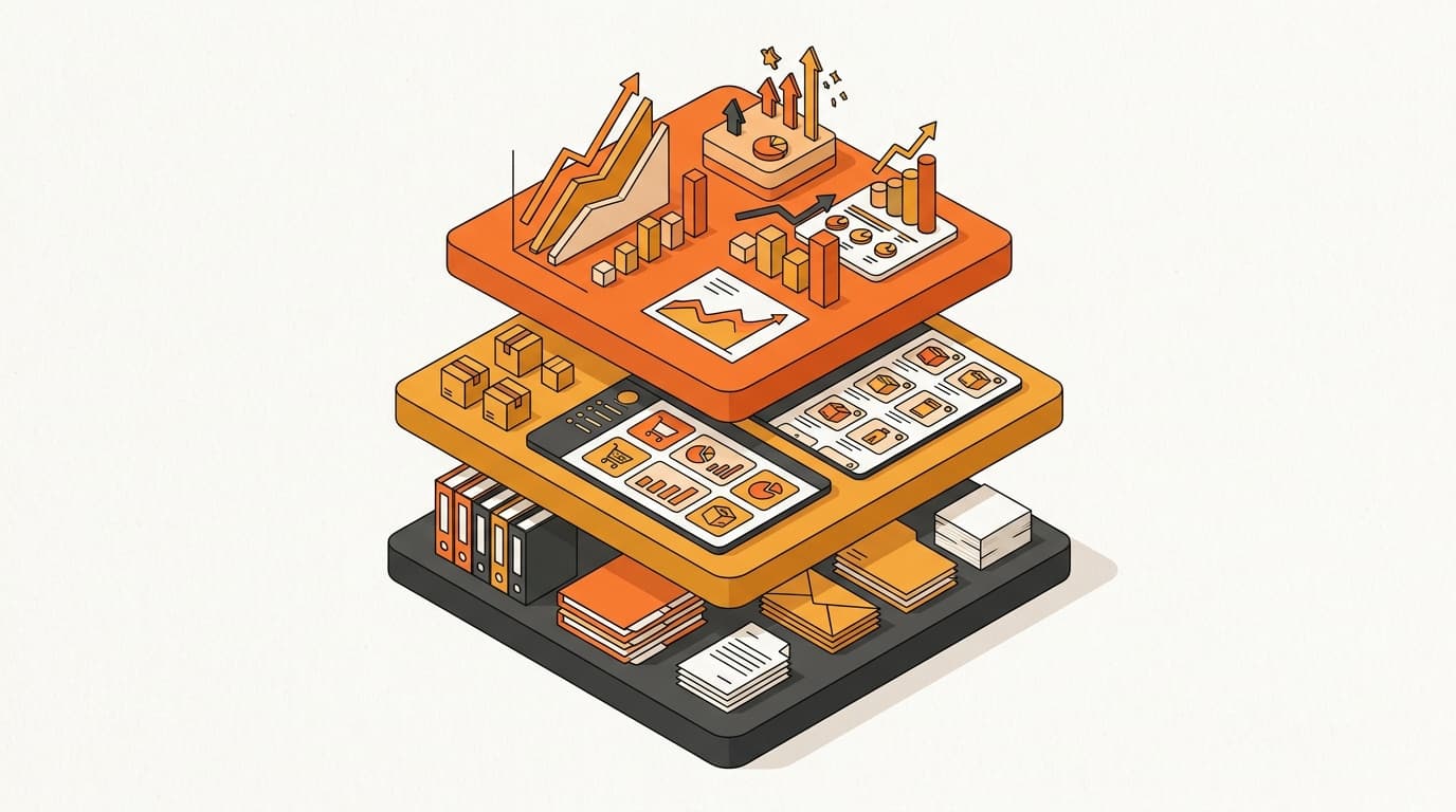 法人運営、コマース運用、グロース戦略を表す3つの積層レイヤー