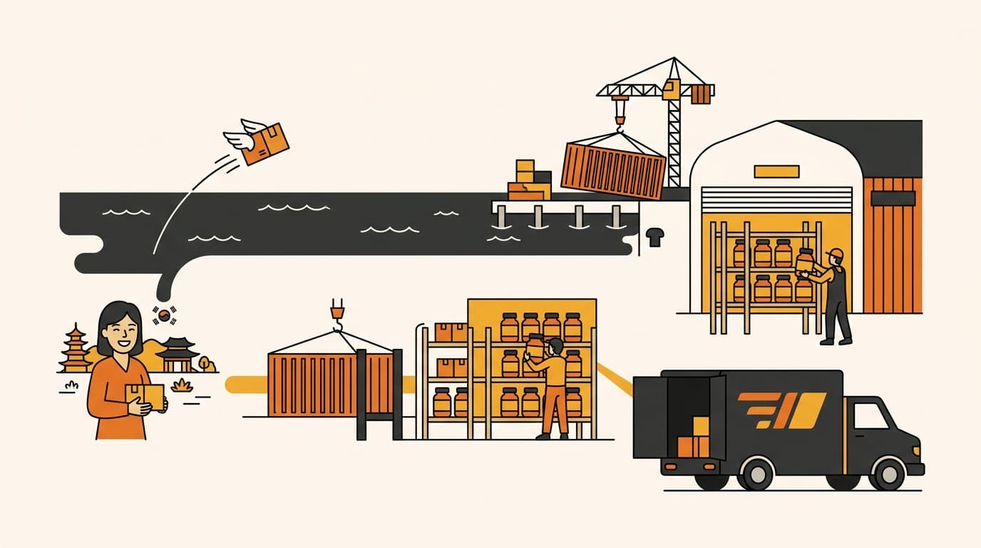 两条平行路径:跨境包裹运输与本地集装箱进口同时进入韩国,最终汇合到同一辆配送货车