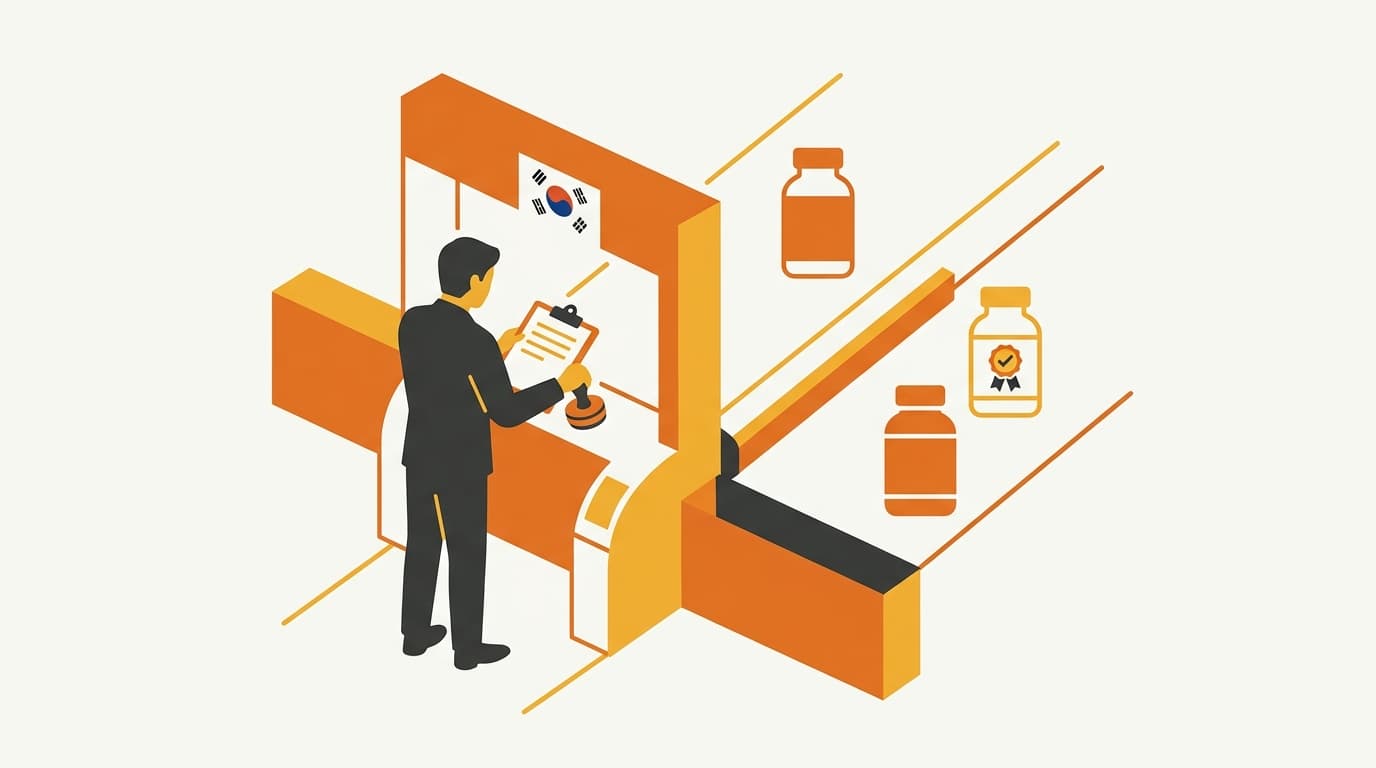 Editorial illustration of a Korean customs checkpoint with two regulatory lanes for supplements
