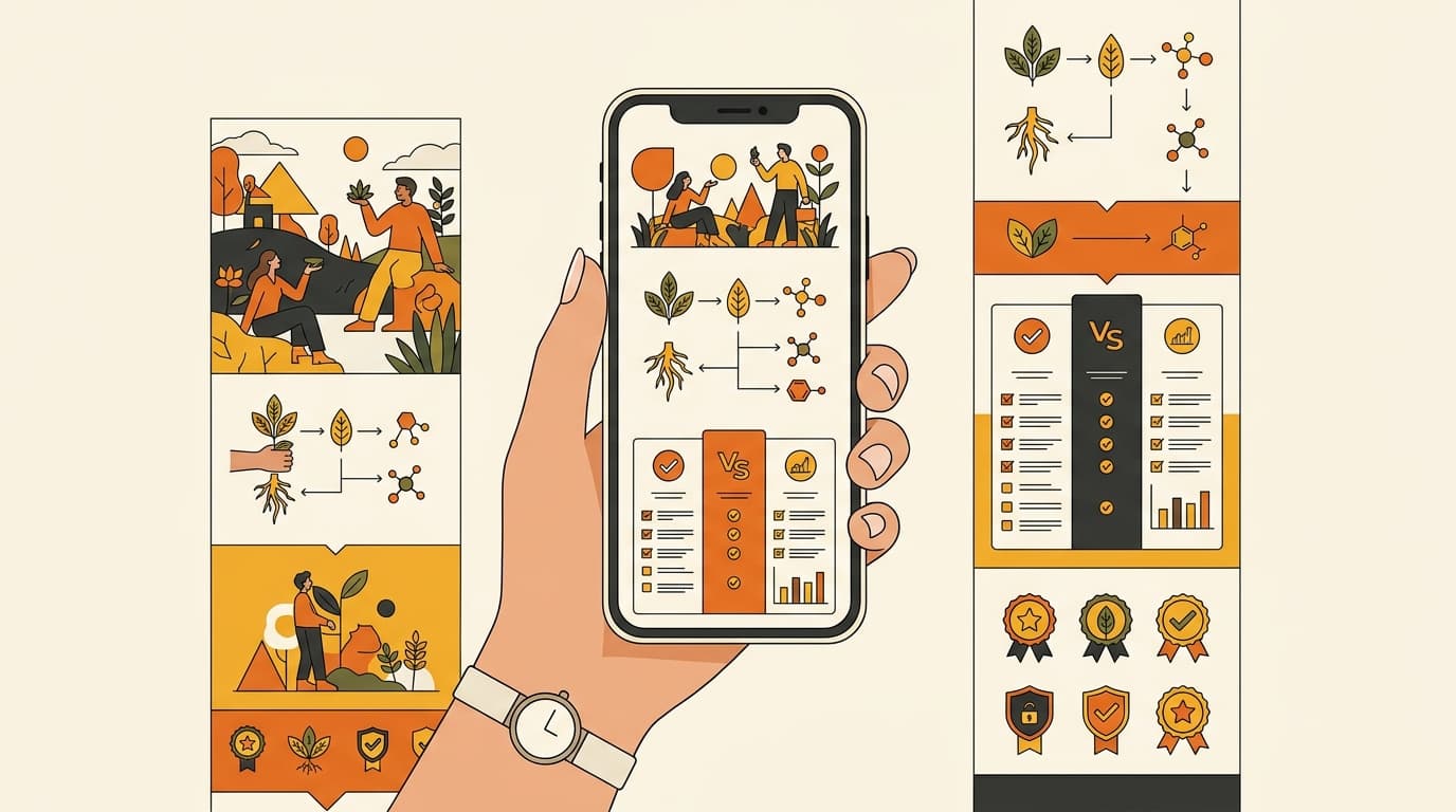 A long vertical Korean PDP shown stretched beyond a smartphone screen, with stacked sections of imagery and trust signals