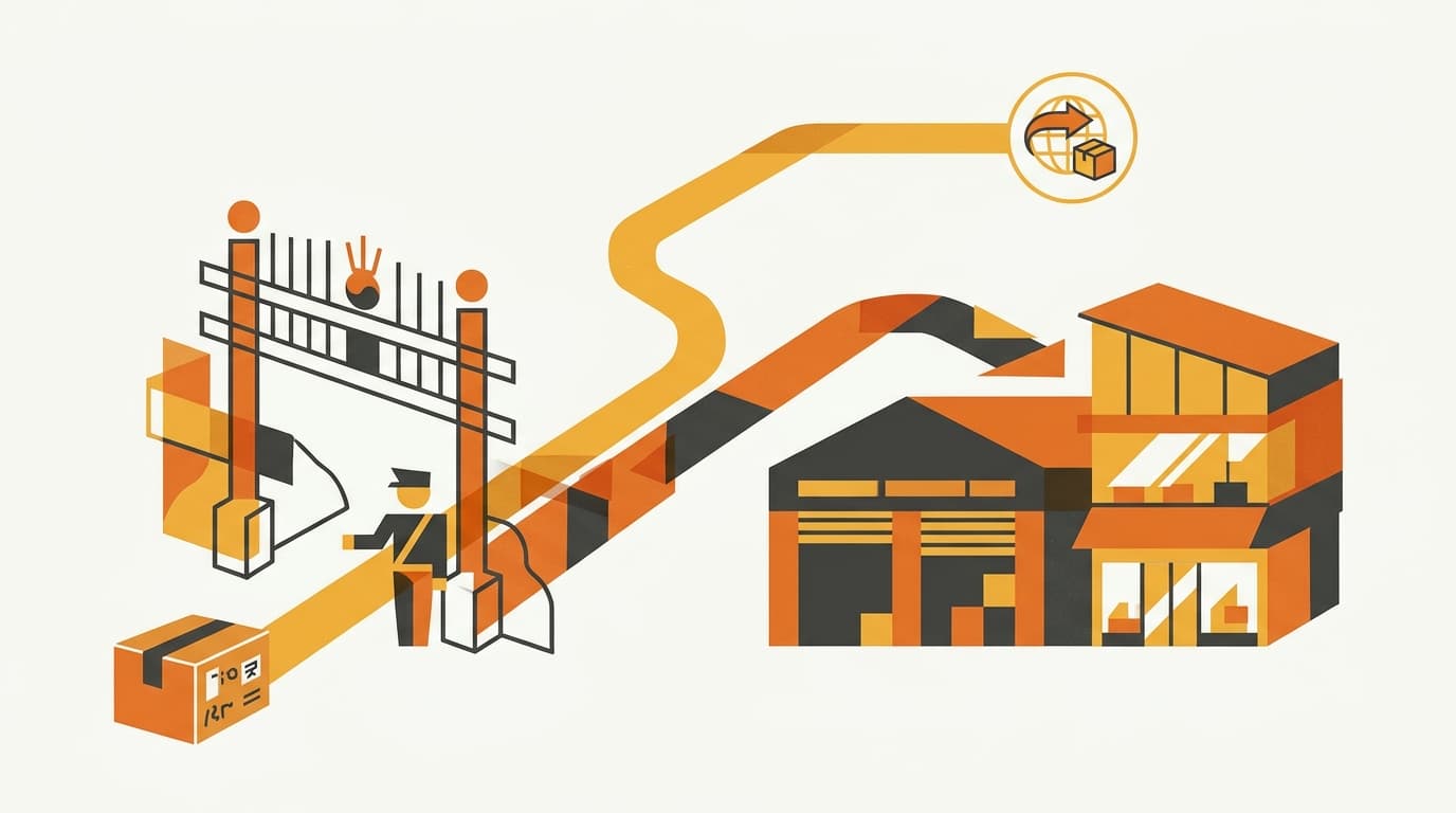 Illustration of a parcel arriving at Korean customs with two diverging paths — one cross-border, one local fulfillment