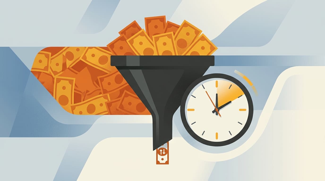 A small icon of a money transfer squeezing through a narrow funnel, with a clock indicating a daily reset