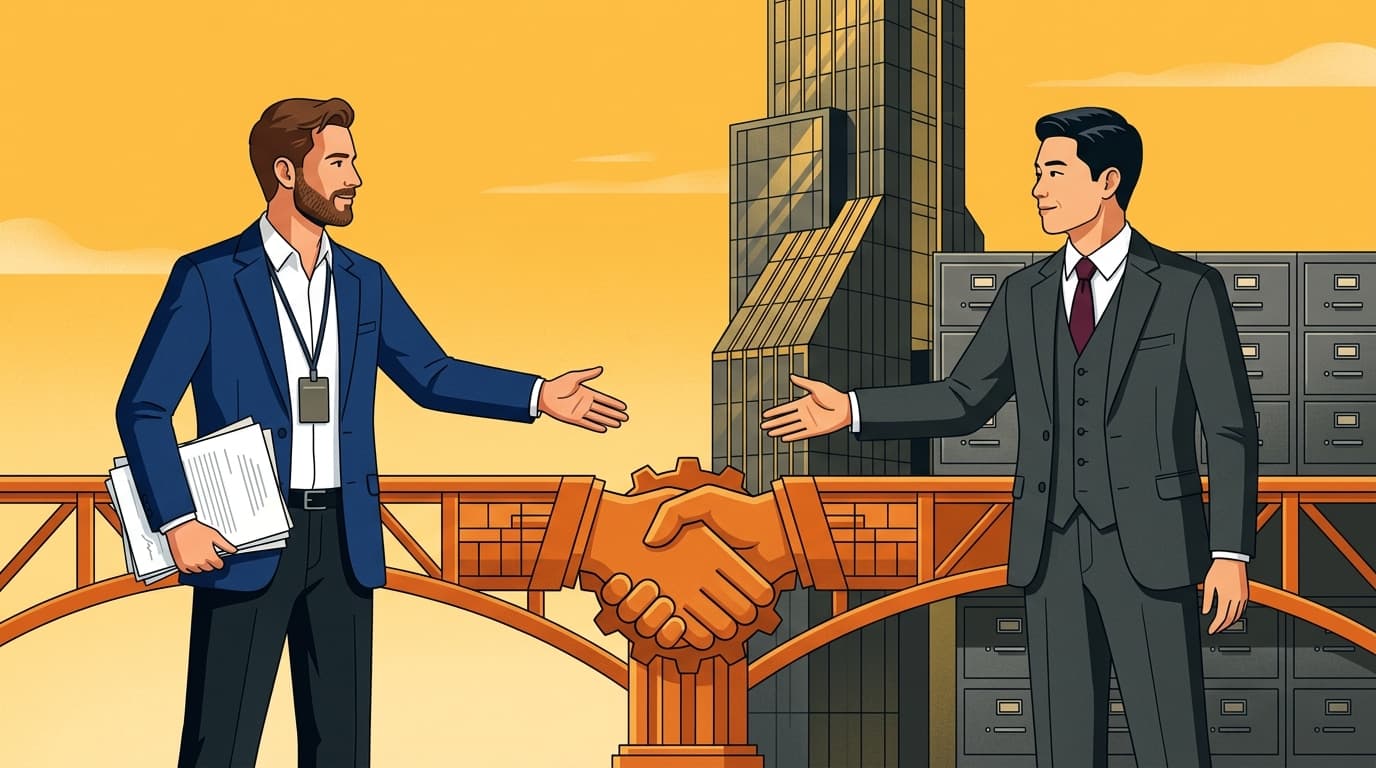 A foreign founder and a Korean banker meeting on a bridge supported by a handshake column, with a bank tower in the background
