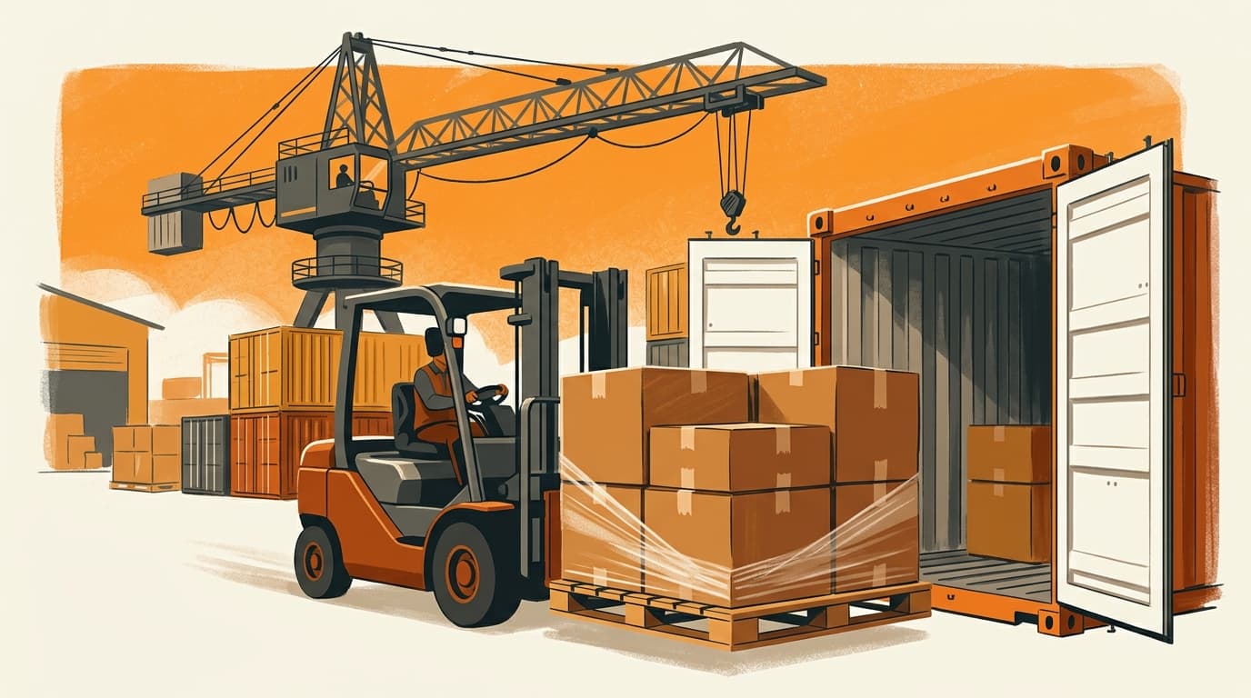A pallet of cartons being loaded into a shared LCL ocean container at port