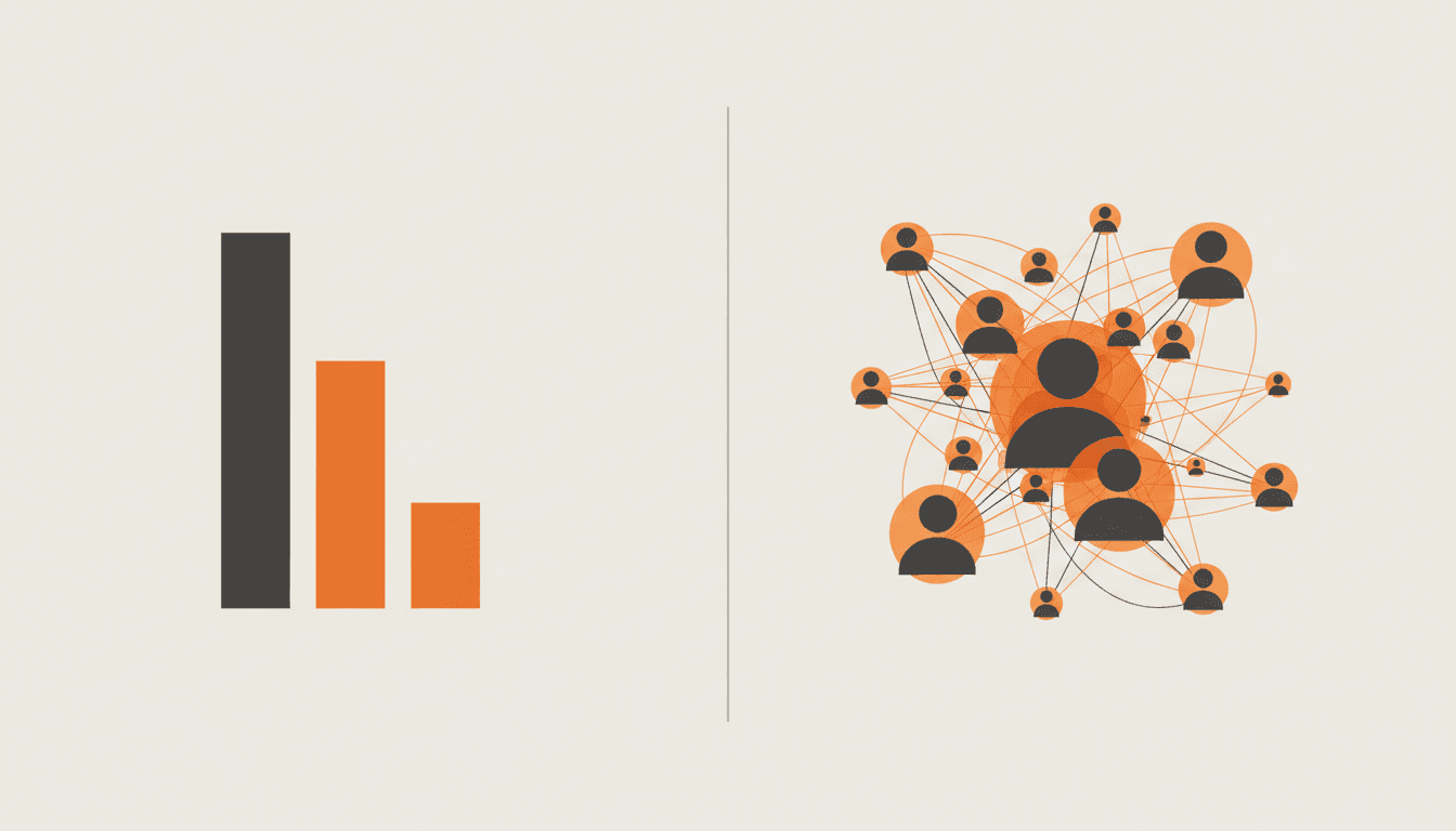 シンプルなGMV棒グラフと、より豊かなエンゲージメントユーザー群のクラスターを対比するイラスト