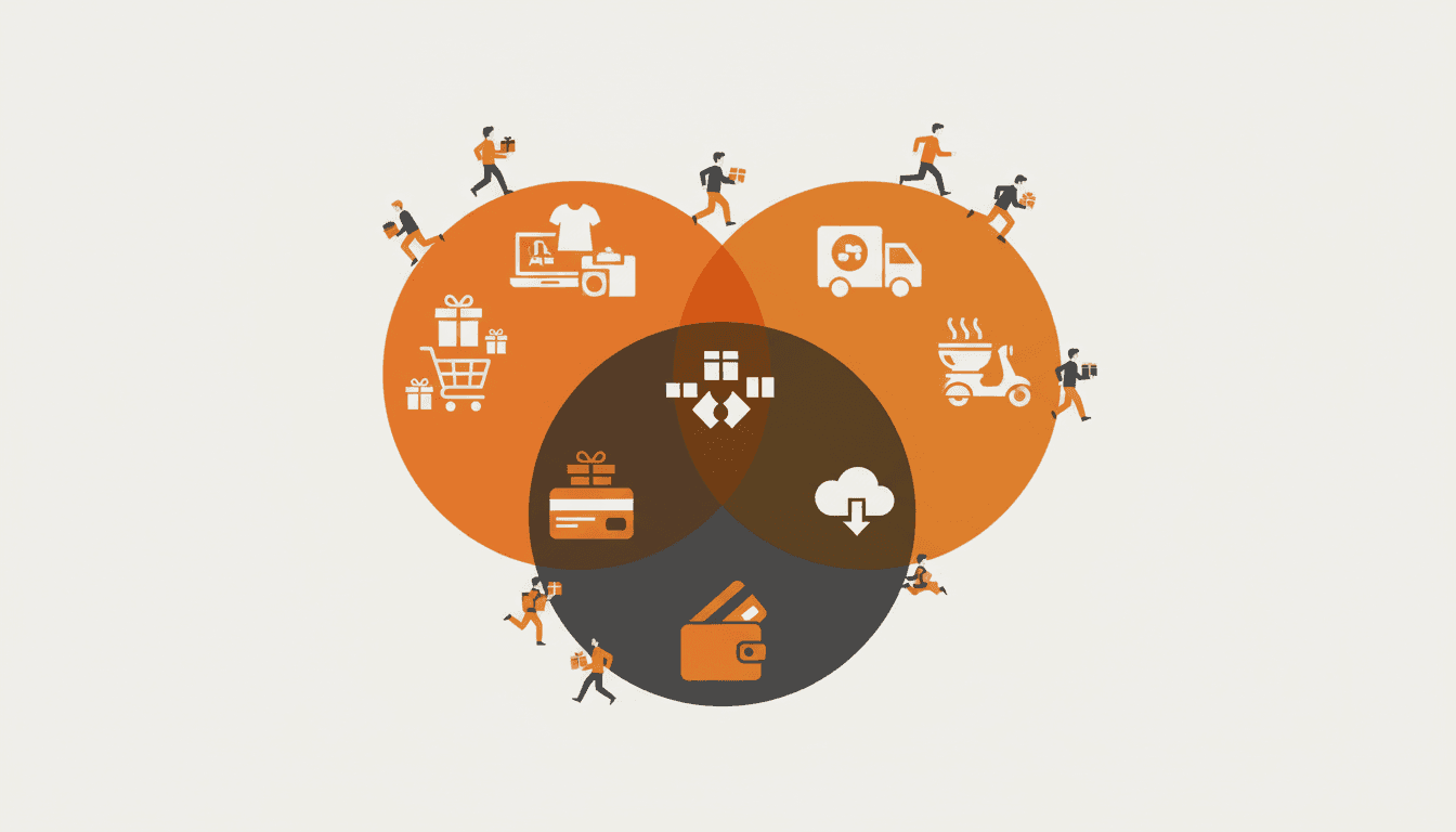 Illustration of overlapping Korean commerce and delivery app circles with user silhouettes moving between them