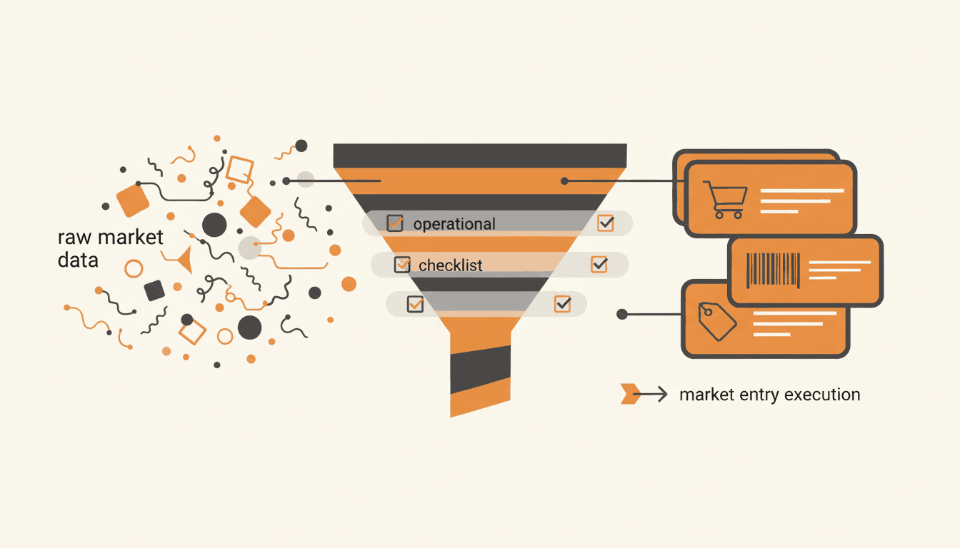 生の市場データが運用チェックリストを通って商品リスティングへと流れていくイラスト