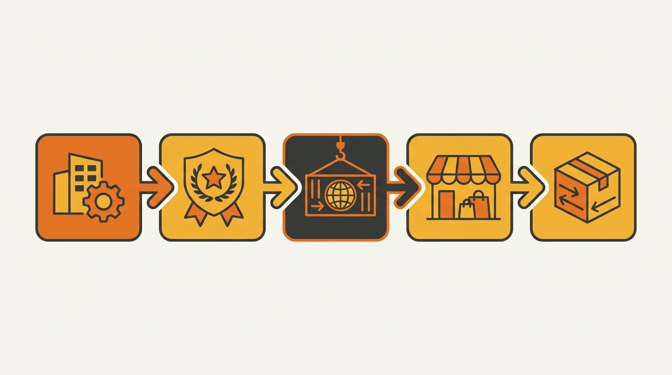 Editorial illustration of a horizontal sequence from entity to certification to customs to marketplace to a small inbound carton