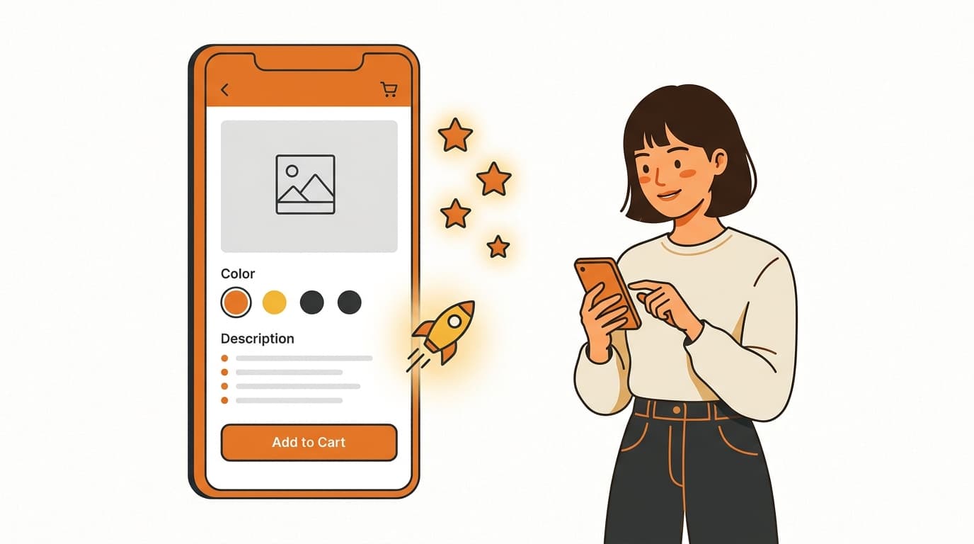 Editorial illustration of a Korean shopper on a phone next to a tall vertical PDP mockup