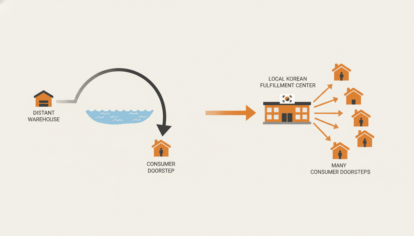 長い越境配送経路と、短い国内ロケットグロースのフルフィルメント経路を対比したダイアグラム