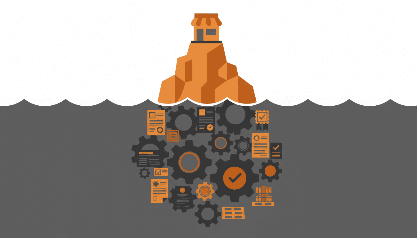 水面上に小さく見えるマーケットプレイスの表層と、水面下に広がるコンプライアンス・物流・オペレーションの巨大な層を描いた氷山のイラスト